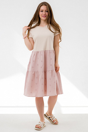 Летнее комбинированное платье с ярусами бежевое